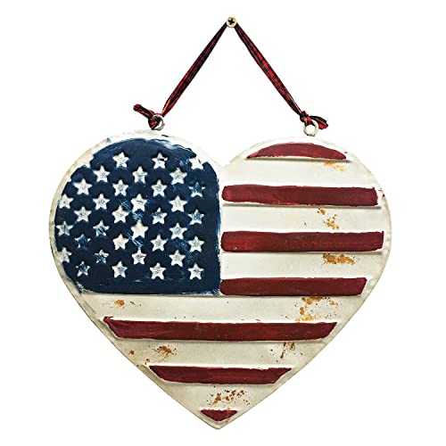 Picfarce Metal Us Flag Sign, 10" Rustic Heart Flag Distressed American Flag Love Heart Shape Wall Hanging Decor Art With Plaid Gingham Ribbon Hanger, Embossed Usa Flag Gift For Home Office Coffee Bar #TOP16