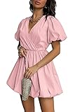 PRETTYGARDEN Women's Short Summer Dresses Casual Puffy Sleeve Wrap V Neck Ruffle Solid Color Flare Dress (Pink,Medium)