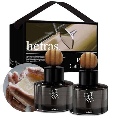 Image of hetras Premium Car Diffuser Set (Hug Soap Scent)-Dashboard Air Freshener | 2-Pack (2.6 fl.oz Each) with Natural Wood Balls & Non-Slip Pads | Soft Clean Soap & Musk Aroma | Car Interior Decor & Gift