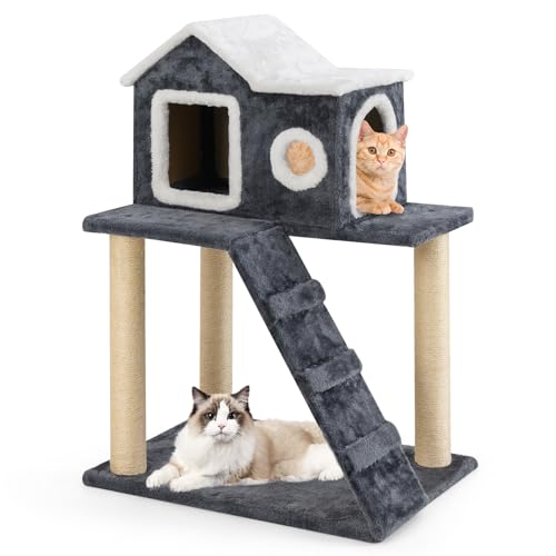 SOARS Kratzbaum mit Katzenhaus, Leiter, Höhle, Sisalstämmen, Katzenbaum 90cm hoch, Kletterbaum Katzenmöbel Katzenkratzbaum für Katzen, Grau