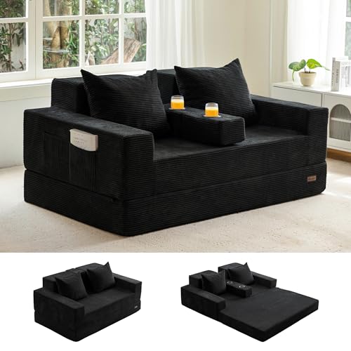 MAXYOYO 4-in-1 Foldable Sofa Bed with Cup Holders, Black