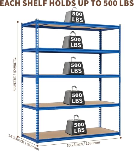 Image of GarveeTech 5-Tier Heavy Duty Storage Shelves, 2500 LBS Capacity Metal Shelving Unit with MDF Board, 60 inch W x 24 inch D x 72 inch H Adjustable Garage Shelving for Basement and Warehouse, High Gloss Blue