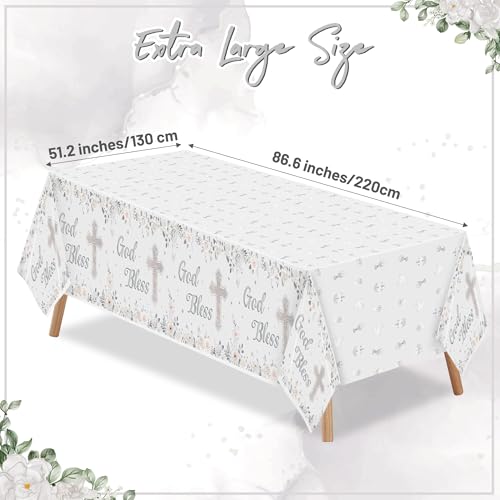 Image of God Bless Baptism Tablecloths - 3-Pack White Gold Baby Baptism Party Table Cover Silver Color Flower Cross Dosposable Plastic Waterproof Rectangle God Bless Tablecloth Baby First Communion
