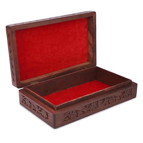 Ajuny Wooden Handcarved Decorative Jewelry Storage Box Flower Design Multipurpose Treasure Chest Keepsake Organizer Necklaces Watch Boxes Great for Gifts 8x5 Inch