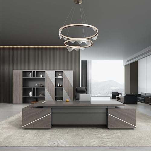 DLCQIJI Brown Modern L Shaped Executive Desk, Wood Computer Desk with Lateral Cabinet Study Gaming Table Business Furniture Set for Home Office