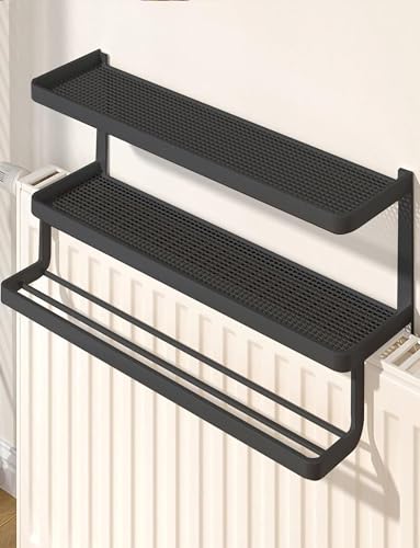 NoDrill - Estante de metal para radiador con estante de secado, moderno estante flotante de almacenamiento de pared para solución de ahorro de espacio sobre radiador en sala de estar, cocina o baño