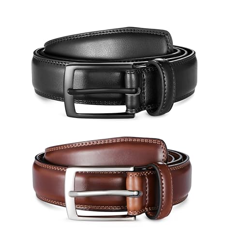 Image of MILORDE Men's Leather Dress Belt 2Pack, Handmade, Genuine Leather, Fashion & Classic Designs for Work Business and Casual