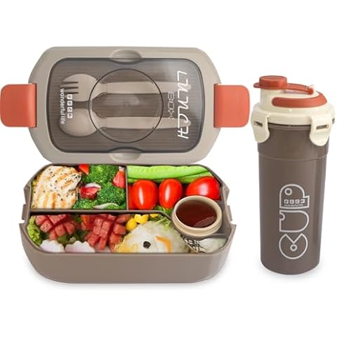 Bento Lunch Box for Kids,Snack Containers with lids,Food Container Lunchbox Included Utensils,Sauce Jar and Soup Cup，Brown Cover