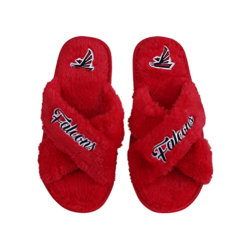 Image of FOCO Womens NFL Team Script Wordmark Fuzzy Cross Slide Slippers