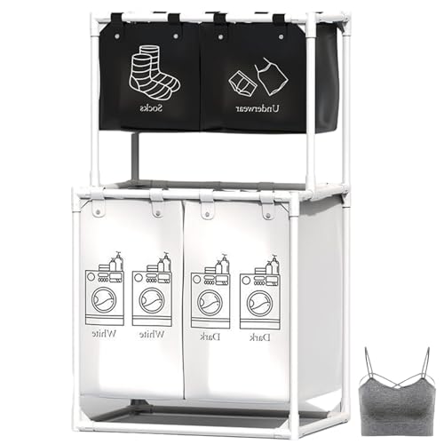 Canasta De Clasificación De Lavandería: Cesta De Lavandería De 3 Secciones De Altura, Bin De Organizador De Ropa Grande | Canasta De Ropa Sucia Plegable Con Tapa, Almacenamiento De Lavandería Rodante