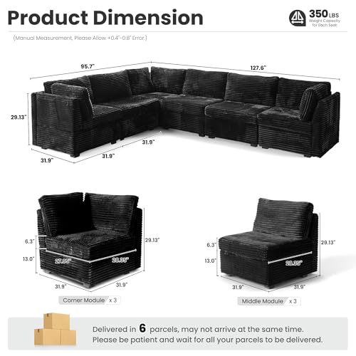 Image of ovios Modular Sectional Sofa Couch with V-Shape Chaise Convertible, Comfy Plush Corduroy Cloud Couches, Modern Luxury Deep Seat Sofas Set for Living Room, 6-Seater, Black