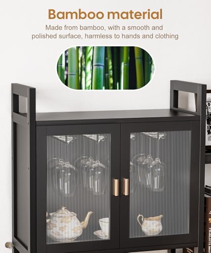 Cozivolife Wine Rack Freestanding Floor,Liquor Bottles Display Organizer with Doors Glass Holder,4 Tiers for Alcohol Accessories Storage and Side 4-Layer Shelves (Black) - Thumbnail 6