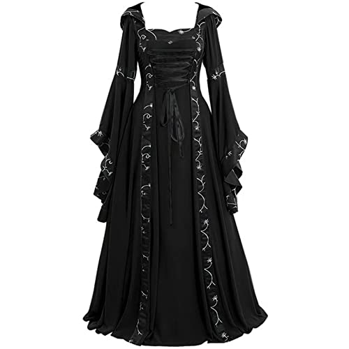 Vestido renacentista Victoriano para Mujer, Vestido Medieval con Capucha, Disfraz de Bruja gótica con Mangas Acampanadas, Disfraz de Vampiro (Negro,5XL,5XL) Cover