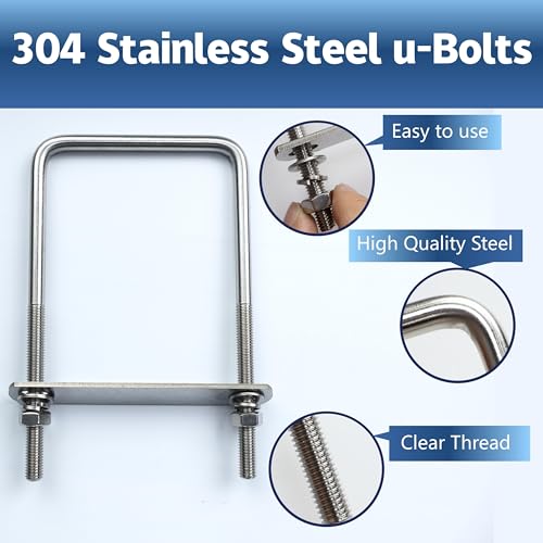 Image of 2 Pcs M10 Square U Bolts 4 Inch Wide, 3 /8 inch x 4 inchW x 7 inch L | 304 Stainless U Bolt Heavy Duty with Nuts, Bolt Plate and Washers,4 inch u bolt,Metric bolts