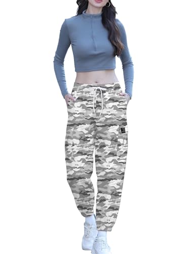 Image of Cromoncent Girls Cargo Pants Elastic Waist Lightweight Outdoor Jogger Pants, Gray White Camo 7-8 Years