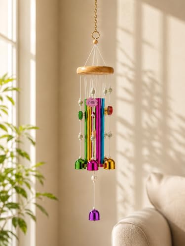 Image of Decorative Wind Chime for Home | Wooden House with Bells Colourful Beads | Positive Energy Balcony Living Room Hall Garden Home Decor (Multicolor)