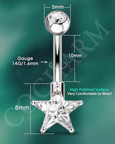 COCHARM 14g Cute Star Belly Button Ring Stainless Steel Clear CZ Belly Button Piercing Hypoallergenic Silver Navel Piercing Jewelry for Women3