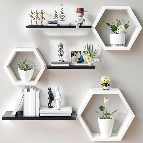 Image of Engineered Wood Woden Hexagonal Shape Wall Hanging Rack Floating Shelves for Display for Photos,Plants Living Room, Bedroom,Bathroom, Kitchen, Office (Black White)