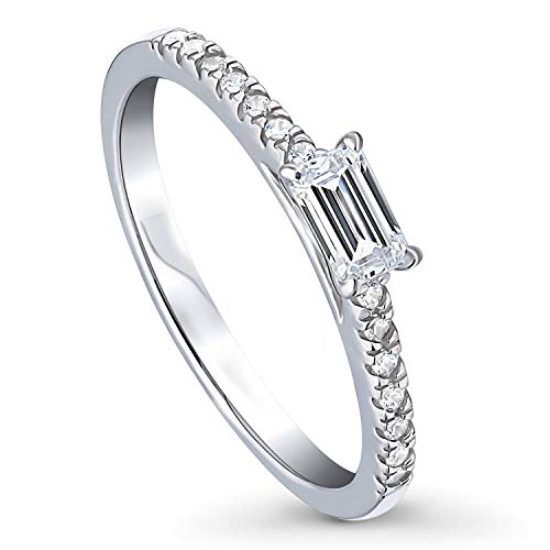 BERRICLE Valentines Day Gift Rhodium Plated Sterling Silver Solitaire East-West Promise Engagement Ring Made with Swarovski Zirconia Emerald Cut 0.37 CTW Size 6