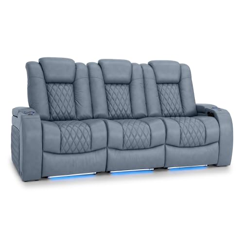 Image of Seatcraft Diamante Smokey Blue Italian Leather Home Theater Seating, Zero Gravity Power Recliner, Gaming and Home Office Chair, Powered Headrest Furniture for Family Cinema Room, Row of 3 Sofa