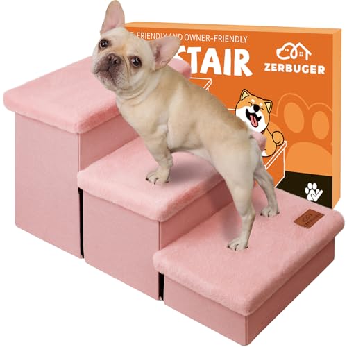 Image of Dog Stairs with Furry Lids 18 inch H, 3-Step Wider Dog Steps with Storage for Small /Medium /Large Dogs Cats, Folding Sturdy Pet Stairs Climbing Bed or Sofa, Ramp for Car Hold Up to 200 lbs, Pink