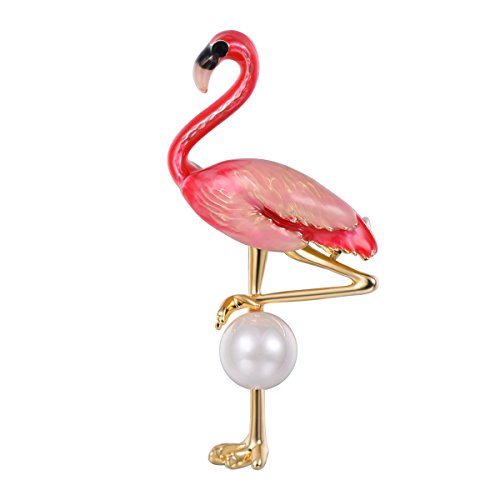 FOCALOOK Flamingo Brooch/Pendant Necklace 2 in 1, 18K Gold Plated Pink Color Pearl Animal Brooch Pins for Women