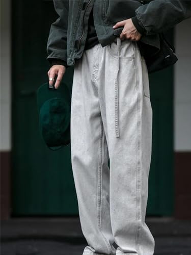 Men’S Casual Straight Baggy Denim Cargo Pants Drawstring Midweight Fashion Trousers Slim Fit Full Length Jeans2