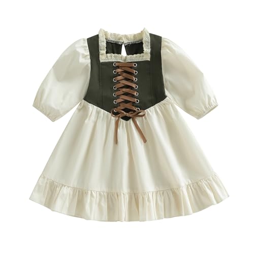 Toddler Little Girl Corset Front Tie Dress Lantern Long Sleeve Lace Ruffle Princess Dresses Vintage Clothes Outfit (Vintage Green Beige 1-2 Years)