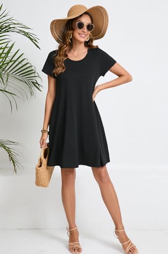 Enmain Vestido Estilo Camiseta para Mujer de Verano de Manga Corta con Bolsillos túnica Vestido Casuales Bohemios hasta la Rodilla para Mujer, Negro, XL