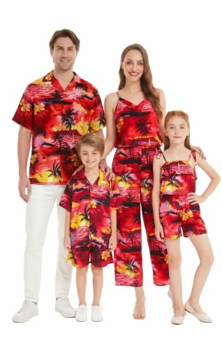 Image of Hawaii Hangover Family Matching Hawaiian Clothes, Sunset Red | Family matching Hawaiian outfits, Sunset Red, lightweight rayon, machine washable, tropical floral print, luaus, cruises