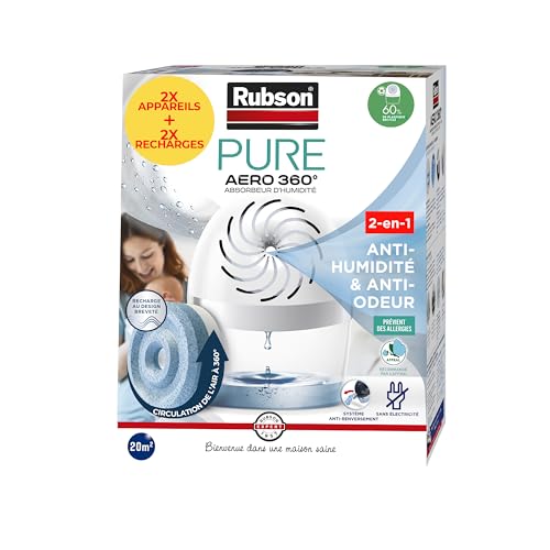 Rubson – Lot de 2 absorbeurs d'humidité AERO 360° Pure (2 appareils + 2 recharges) – Assainisseurs et déshumidificateurs d’air pour pièces de 20 m² –...