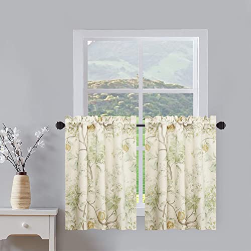 Leeva Rustic Kitchen Tier Curtains Green Floral Printed Linen Blended Half Window Curtain For Dining Room Rod Pocket Cafe Window Treatment Small Drapes, 2 Panels Set, 30 X 24 Inch #TOP11