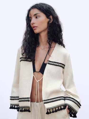 Women's Vintage V-Neck Cardigan Graphic Stripe Printed Long Sleeve Tassel Hem Elegant Women's Tops2