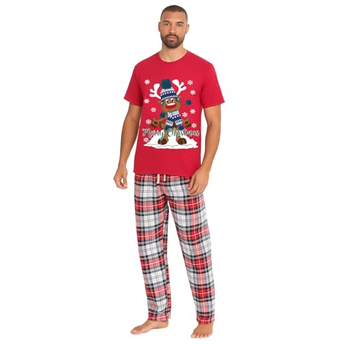 Style It Up Mens Christmas Pyjamas Set Festive Novelty T-Shirt & Flannel Check Bottoms Xmas PJ Sleepwear Loungewear (Red Rudolph - Red, L)