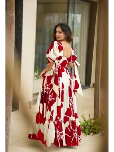 Image of Modestouze Attires Women's Floral Pattern Rayon Blend Maxi Dress with Sweetheart Neck Half Puff Sleeve Floor Length and Zipper Closure Type | Maxi Dress for Women Stylish | Dress for Women