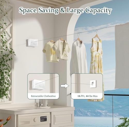 Image of Retractable Clothesline 5 Metre - Wall Mounted Indoor & Outdoor Drying Line (Single /Double Line), ABS Housing & 304 Stainless Steel Wire for Bathroom, Balcony, Laundry Room (Single Line)