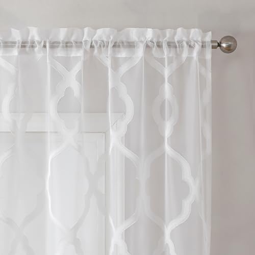 Image of OWENIE Faud Sheer Curtains 54 Inch Length 2 Panels Set for Living Room, White Textured Short Curtains with Geometric Jacquard Clip Design, Farmhouse Chic Girls Nursery Window Drapes, W42 x L54