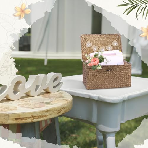 Image of Geelin Sea Grass Wedding Card Basket With Letter Flag Decorative Wedding Card Woven Post Box Suitable For Baby Showers Birthdays Graduation Ceremonies Bridal Showers(14 Inch,Coffee)
