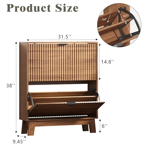 Image of Shoe Cabinet Storage for Entryway with 2 Flip Drawers, Fluted Narrow Shoe Organizer with Wooden Legs, Freestanding Slim Shoe Storage Hidden Shoe Rack Organizer for Front Door Entrance, Walnut