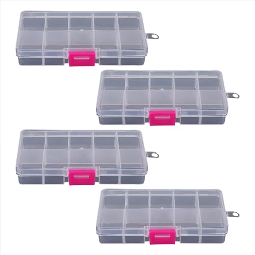 Image of 4 Pcs 10 Grids Removable Plastic Jewelry Boxes Clear Bead Storage Boxes Small Item Organizer Boxes Adjustable Divider Boxes Containers for Craft Clear Pink