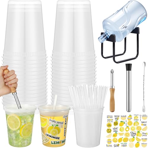 LemonRoad 50 Set Lemonade Stand Supplies Include 32 oz Plastic Cups with Lids and Straws Stainless Steel Water Jug Stand Dispenser Valves Straw Puncher Muddler Mixing Spoon for Summer Party Decoration