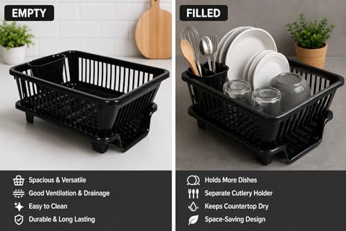 Image of Dish Rack, 3 in 1 Large Plastic Drainer Drying Rack Washing Basket with Tray, Utensil and Cutlery Organiser