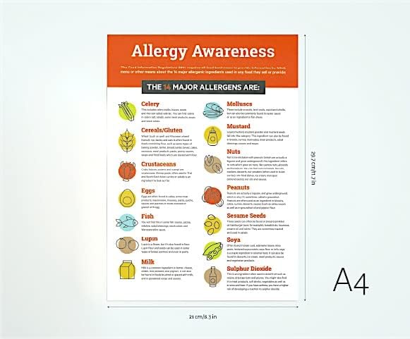 Food Allergy Awareness Sign A4 (297mm x 210mm) 14 Food Allergens Warning Sign Laminated Poster. Heavy duty, wipeable and super clear.