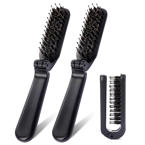 Foldable Travel Brush, 2 Pack Portable Size With Natural Boar and Nylon Bristles, Small Folding Comb Mini Wet Hairbrush Compact Pocket for Purse, Car, Gym Bag, Locker (Black)