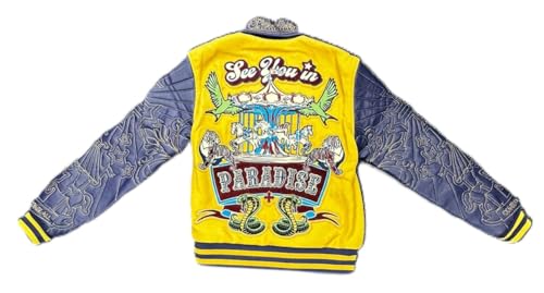 Paradise Kids Varsity Jacket, Mustard with Navy Quilted PU Sleeves, Tiger Embroidered Design2