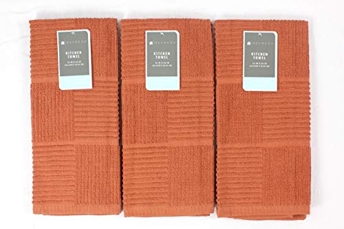 Kitchen Towels: 100% Cotton Soft Absorbent Terry Cloth, Set of 3 (Rust Squares)