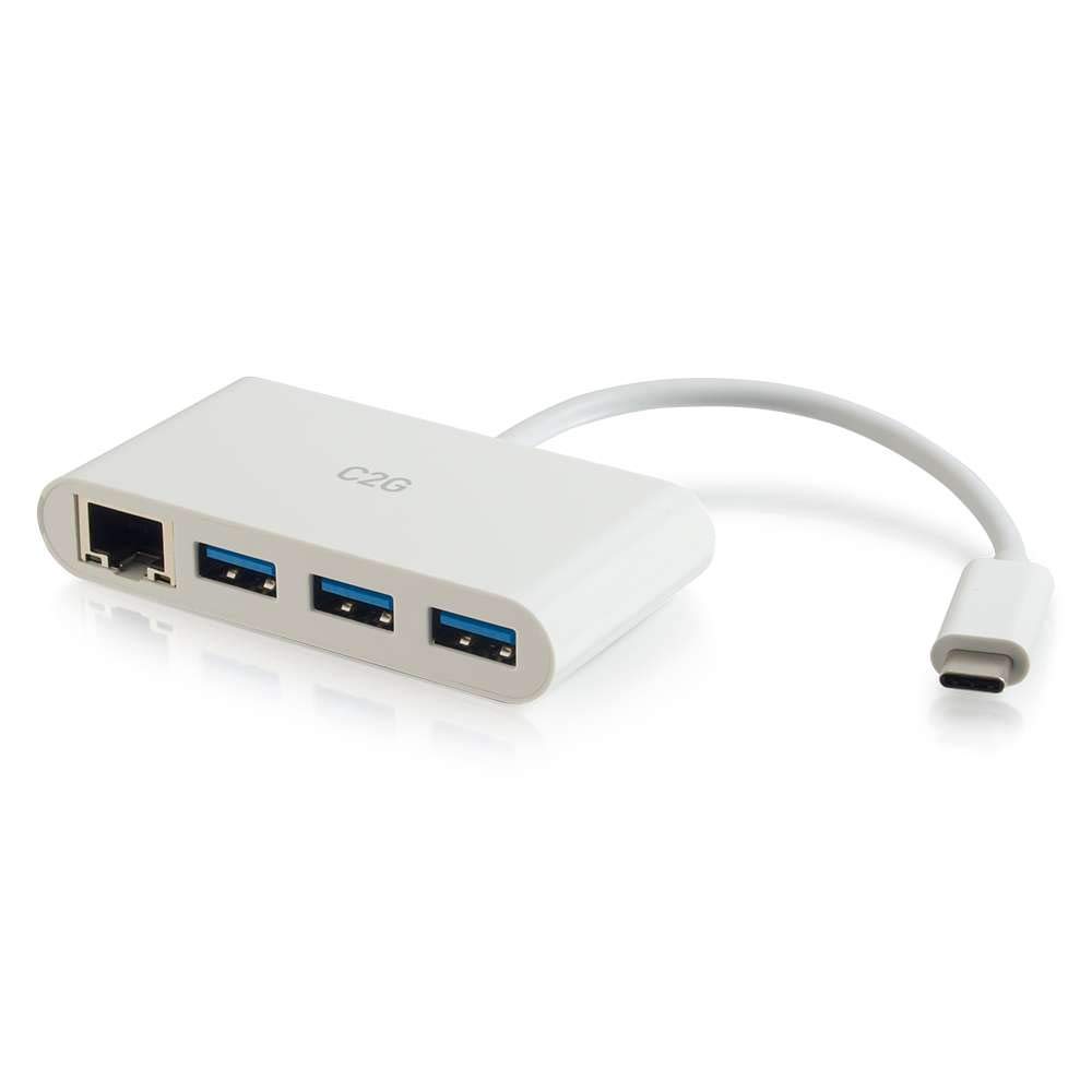 C2G Adaptador USB-C a Ethernet con concentrador USB de 3 Puertos, Color Blanco
