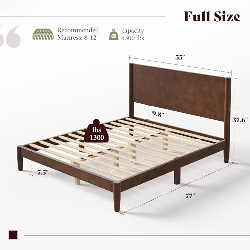 Image of AMERLIFE Solid Wood Full Size Bed Frame, Mid Century Modern Platform Bed with Full Panel Headboard, Noise-Free & Cylindrical Legs, No Box Spring Needed, Under-Bed Storage, Dark Walnut