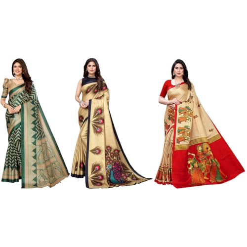 Image of Yashika Women's Sarees Women's Combo Art Silk Printed Saree With Unstitched Blouse Piece |saree for Women | saree combo | New Sari | Saree Pack Of 3