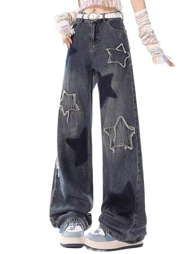 Star-Print Straight-Leg Jeans, high-Waisted, Slim and Loose Design, Niche Irregular Light-Colored Wide-Leg Pants
